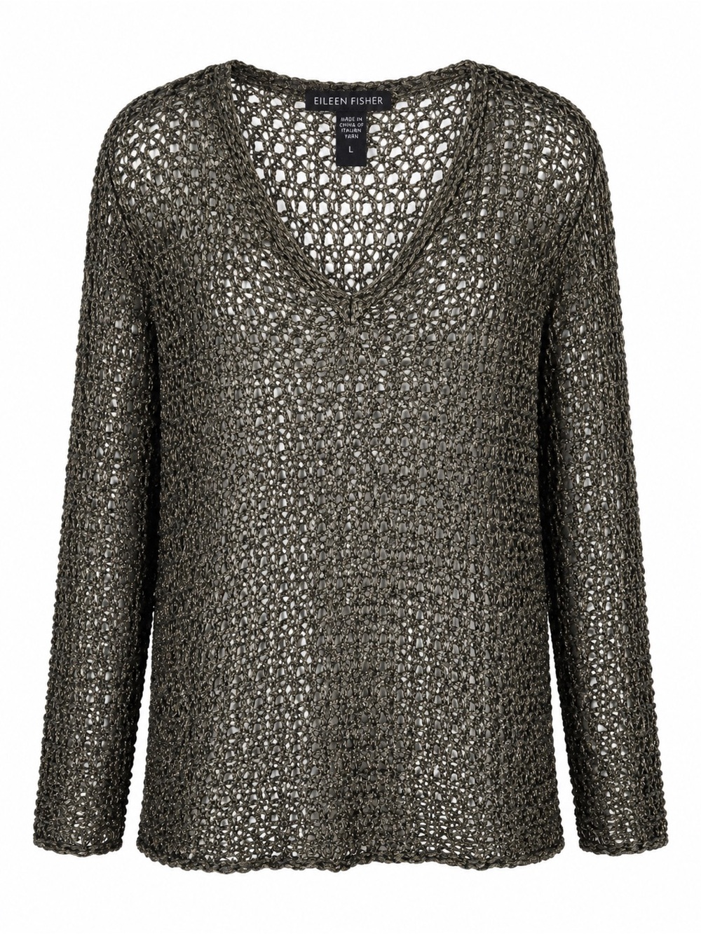 Eileen Fisher Open Knit Metallic Bronze V-Neck Sweater Top Boho Coastal L
